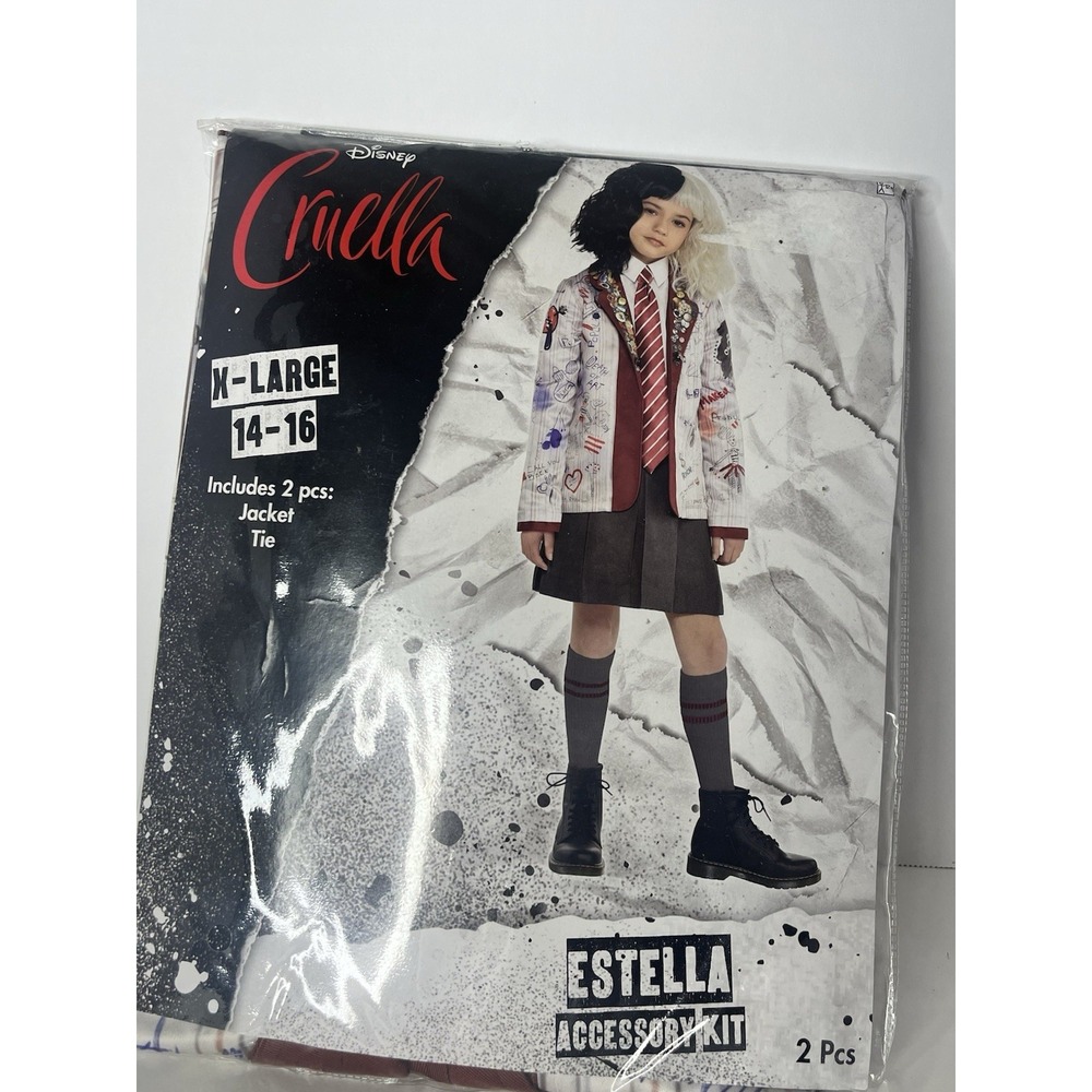 Disney Cruella Estella Girls Costume XL 14-16 Jacket Tie Halloween NWT
